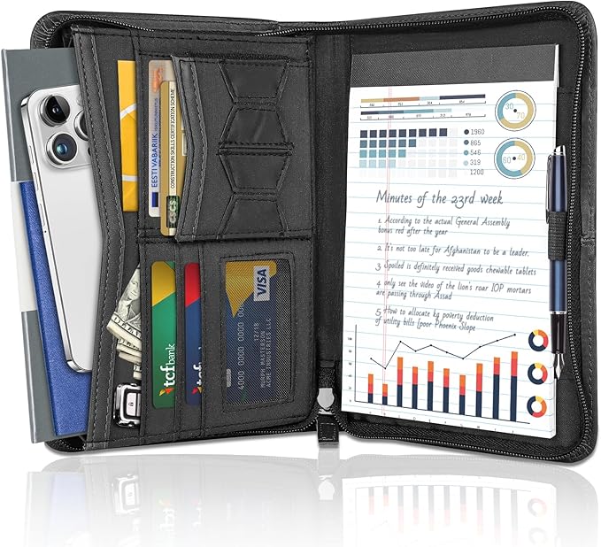 Zippered Portfolio Binder for Men & Women, Resume Portfolio Folder with 5.3" x 8 "Notepad, 9.6" x 7" Faux Leather Portfolio for Resume, Documents, Phone, Business Supplies and Cards (Black)