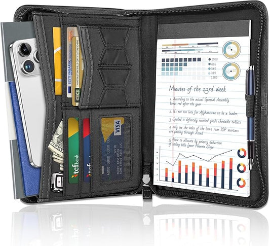 Zippered Portfolio Binder for Men & Women, Resume Portfolio Folder with 5.3" x 8 "Notepad, 9.6" x 7" Faux Leather Portfolio for Resume, Documents, Phone, Business Supplies and Cards (Black)