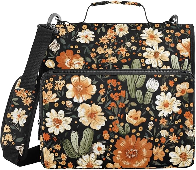 Western Desert Boho Floral Zipper Binder with Shoulder Strap Bag 3 Ring Binder Organizer Large Capacity Multiple Compartments for School Office