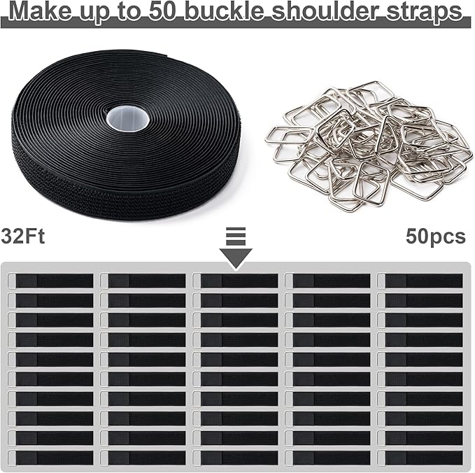 1" x32Ft Hook and Loop Straps Cinch Straps with 50 Metal Buckles, Adjustable Fastening Cable Straps, Free Cut Length, Reusable Nylon Cable Ties for Organizer or Storage, Black
