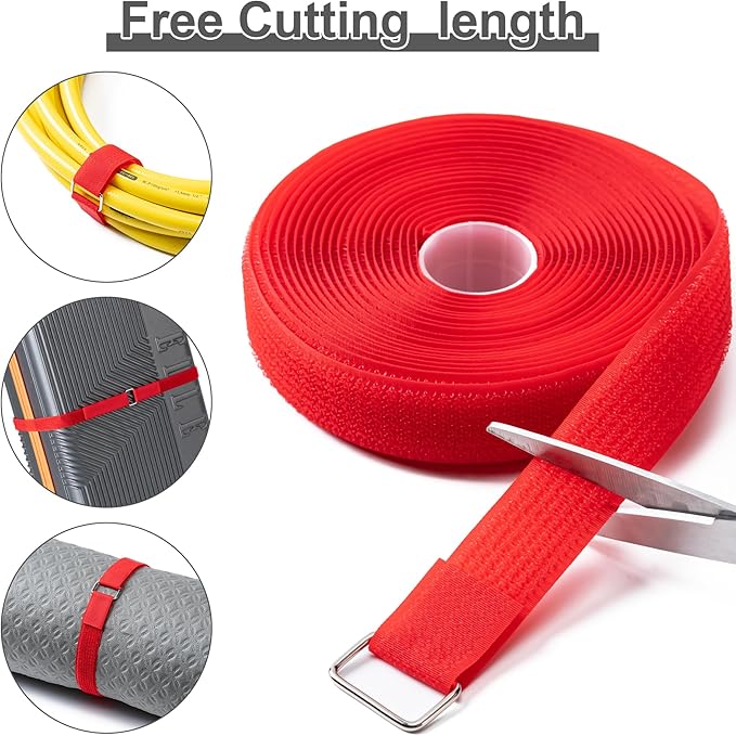 1" x16Ft Hook and Loop Straps with 25 Metal Buckles, Adjustable Fastening Cable Straps, Free Cut Length, Reusable Nylon Cable Ties for Organizer or Storage, Red