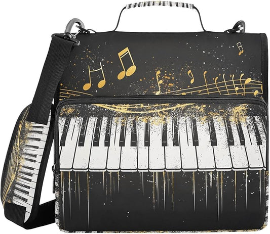 Zipper Binder Bag, Piano Gold Music Notes 1.5 inch 3-Ring Binder & Multiple Pockets, 500 Sheets Capacity Expanding File Folder with Shoulder Straps & Handles for School Work Office