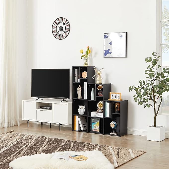 VECELO 3-Tier Small Bookcase, 4 Cube Bookshelf with Height Difference Shelves for Most Books, Modern Floor Standing Unit, Each Shelf Hold Up to 66 LBS for Living Room Bedroom, Vintage Black