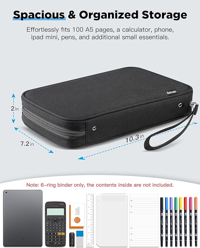 Zannaki A5 Zipper Binder, 6 Ring Personal Planner Journal Budget Binder Cover Case, Refillable Notebook Shell for Journal Diary File Album Photo Card Organizer Portable School Office Supplies, Black