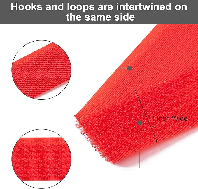 1" x32Ft Hook and Loop Straps with 50 Metal Buckles, Adjustable Fastening Cable Straps, Free Cut Length, Reusable Nylon Cable Ties for Organizer or Storage, Red