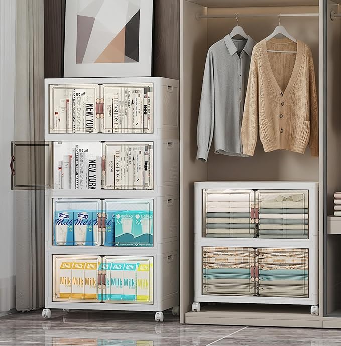 330Qt Stackable Storage Bins with Lids, 6 Pack Collapsible Bins with Wheels, Plastic Cabinet with Doors, Foldable Closet Organizers and Storage for Home, Dorm, Office, White