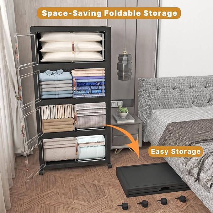 1280Qt Stackable Storage Bins with Lids, 8 Pack Large Collapsible Bins with Wheels, Plastic Cabinet with Doors, Foldable Closet Organizers and Storage for Home, Dorm, Office, Black