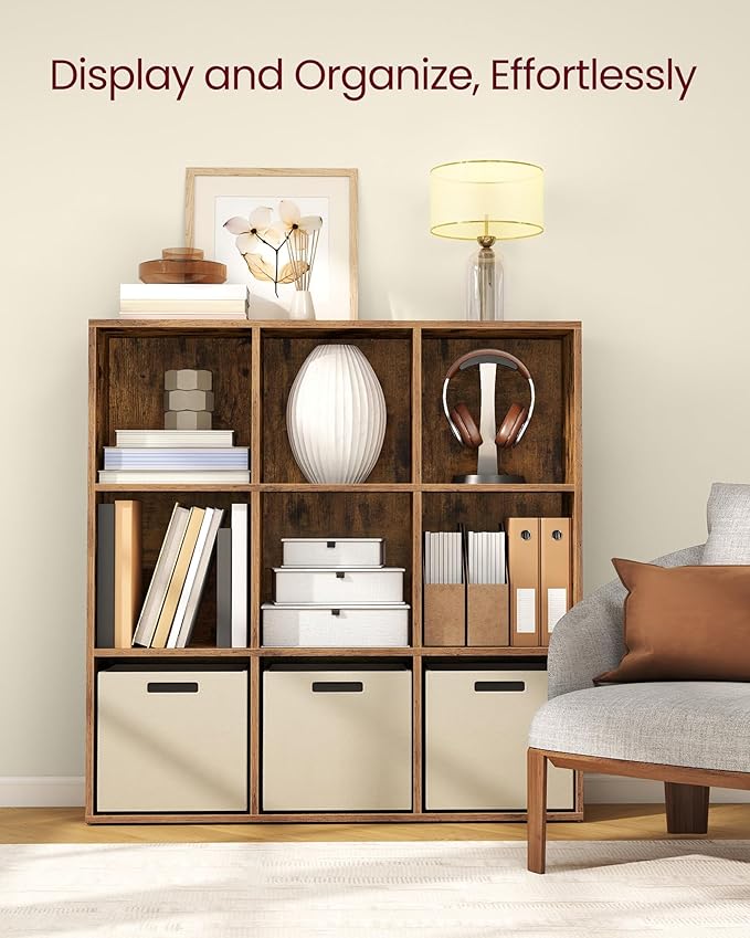 VASAGLE Custos Collection - Bookshelf, Bookcase, Cube Shelf with 9 Compartments, 9.4 x 38.6 x 38.6 Inches, Storage Shelf, for Living Room, Home Office, Dining Room, Rustic Brown ULBC477K01