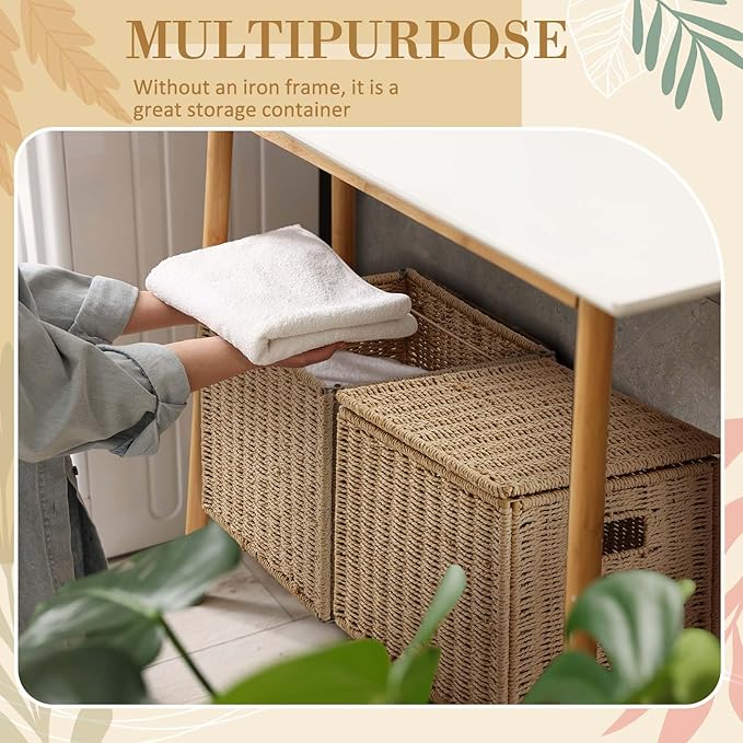 2 Pack Paper Rope File Box Organizers Collapsible Letter Size Filing Cabinet with Lid Woven Hanging File Basket Portable Decorative Document Storage Box for Office/Decor/Home (Letter Size)