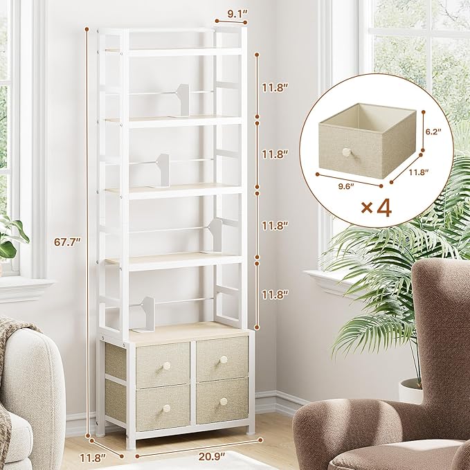 5 Tier Bookshelf, Modern Bookcase with Bookends and 4 Drawers Storage Organizer, Metal Industrial Display Shelf, Free Standing Storage Shelving Unit for Bedroom, Living Room and Home Office