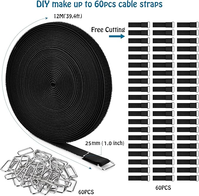 1"x39.4ft Hook and Loop Straps with 60 Buckles Adjustable Cut-to-Length Cable Ties Roll- Reusable Nylon Fastening Tape Cable Straps for Storage or Organization (1in x 39.4ft)