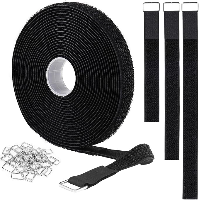 1"x16ft Hook and Loop Straps with 25 Metal Buckles, Adjustable Fastening Cable Straps, Cut-to-Length Cinch Strap, Reusable Nylon Securing Cord Ties for Organizer or Storage, 1 inch Wide, Black