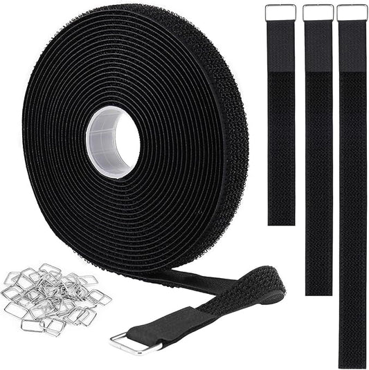 1"x16ft Hook and Loop Straps with 25 Metal Buckles, Adjustable Fastening Cable Straps, Cut-to-Length Cinch Strap, Reusable Nylon Securing Cord Ties for Organizer or Storage, 1 inch Wide, Black