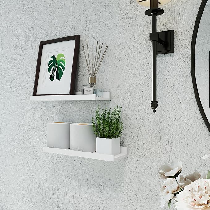 White Floating Shelves for Wall Decor, Wall Mounted Wood Storage Shelf for Bedroom, Living Room, Bathroom, Kitchen, Nursery, Display Picture Ledge Shelf with Lip Set of 2-14 Inches, White