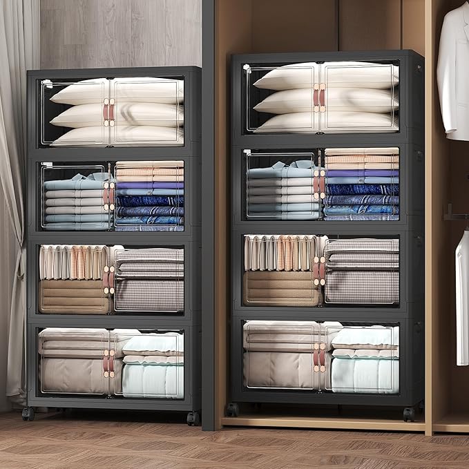 1280Qt Stackable Storage Bins with Lids, 8 Pack Large Collapsible Bins with Wheels, Plastic Cabinet with Doors, Foldable Closet Organizers and Storage for Home, Dorm, Office, Black