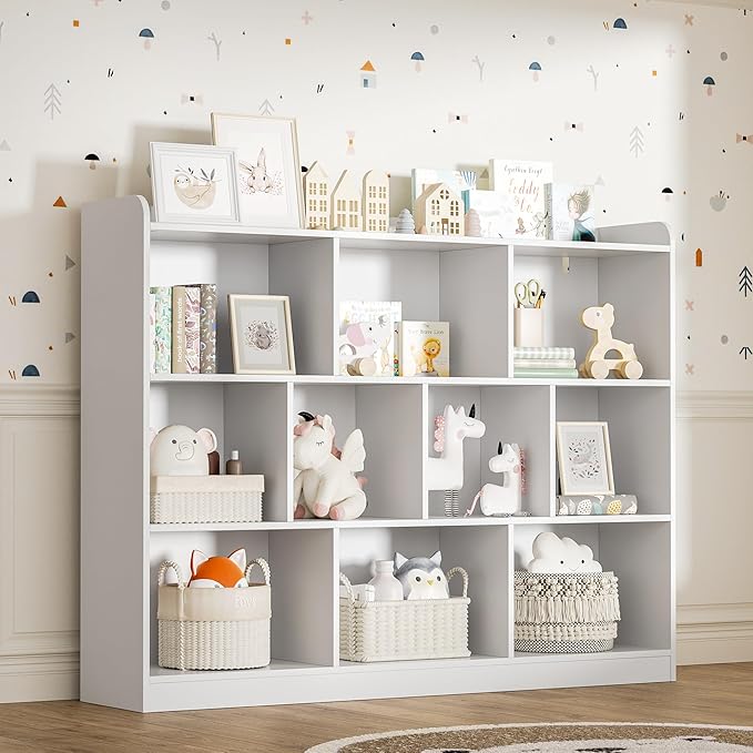 White Bookshelf, Wood Bookcase with 3 Tier Open Shelves, 10-Cube Minimalist Storage Shelf for Living Room, Bedroom, 55.1" W x 42.5" H