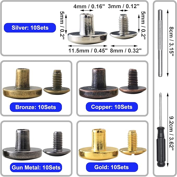 YORANYO 50Sets Chicago Screws Leather Rivets Assorted Screw Rivets Metal Studs for Clothing Chicago Binding Screws Spike and Studs for Decorate Repair Shoes Belts Bags Purse Dog Collars (Mixed in Box)