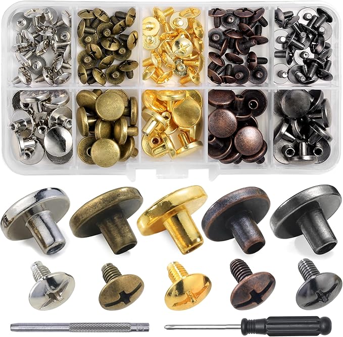 YORANYO 50Sets Chicago Screws Leather Rivets Assorted Screw Rivets Metal Studs for Clothing Chicago Binding Screws Spike and Studs for Decorate Repair Shoes Belts Bags Purse Dog Collars (Mixed in Box)