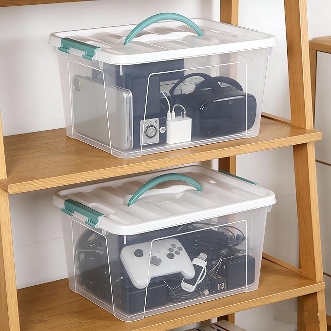 Xyskin 14 Quart Clear Storage Bins with Lid and Green Handle, Storage Latch Box/Bin Organizing Container