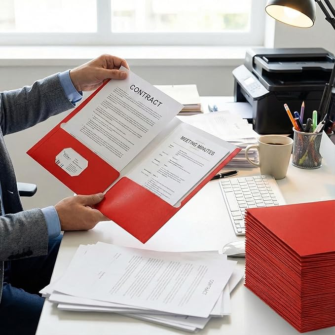 Zzrywuty File Folders with Pockets Letter Size, 50-Pack Paper Folders with Card Slot, Two Pocket Folders for School Students, Businessmen, Home and Office Workers（Red）