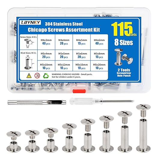 115 Sets Chicago Screws Kit for Leather Crafts, 304 Stainless Steel Binding Screws Rivet, 8 Sizes (M5x4/5/6/8/10/12/15/20mm) Binding Post with Tools for DIY Projects, Belts, Books & Repairs
