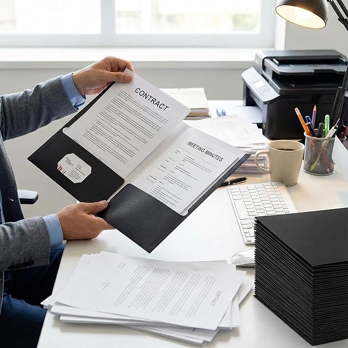 Zzrywuty File Folders with Pockets Letter Size, 50-Pack Paper Folders with Card Slot, Two Pocket Folders for School Students, Businessmen, Home and Office Workers（Black）