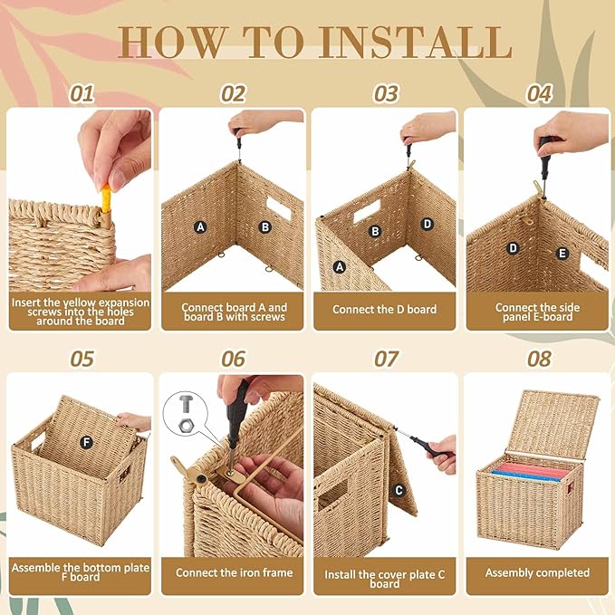 1 Pack Paper Rope File Box Organizers Collapsible Letter Size Filing Cabinet with Lid Woven Hanging File Basket Portable Decorative Document Storage Box for Office/Decor/Home (Letter Size)