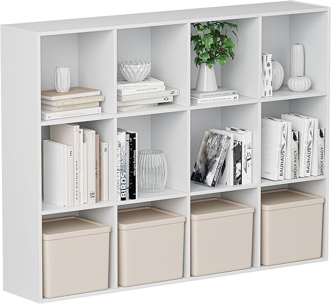 Wooden Cube Storage Organizer with Closed Back Panel, 11in Cube Shelf Opening, Bookshelf, Display Shelf,Closet Cabinet for Home and Office (Embossed White, 12-Cube 35.98L*9.45W*47.72H)