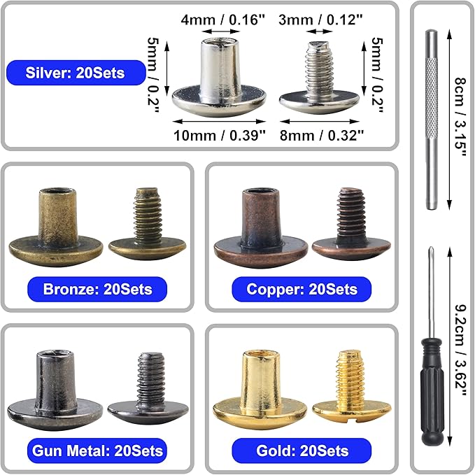 YORANYO 100Sets Chicago Screws Leather Rivets Assorted Screw Rivets Metal Studs for Clothing Chicago Binding Screws Spike and Studs for Decorate Repair Shoes Belts Bags Purse Dog Collars (10MM Head)