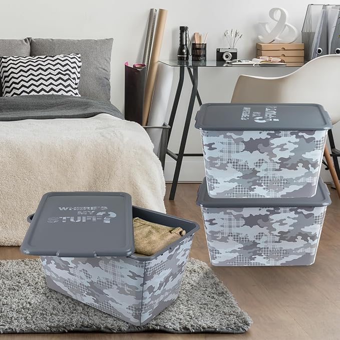 4 Packs 58 QT Plastic Storage Bins with Grey Camoflauge Print Lids, Stackable Storage Container, Large Storage Box for Organizing Garage, Closet, Kitchen, Made in the USA