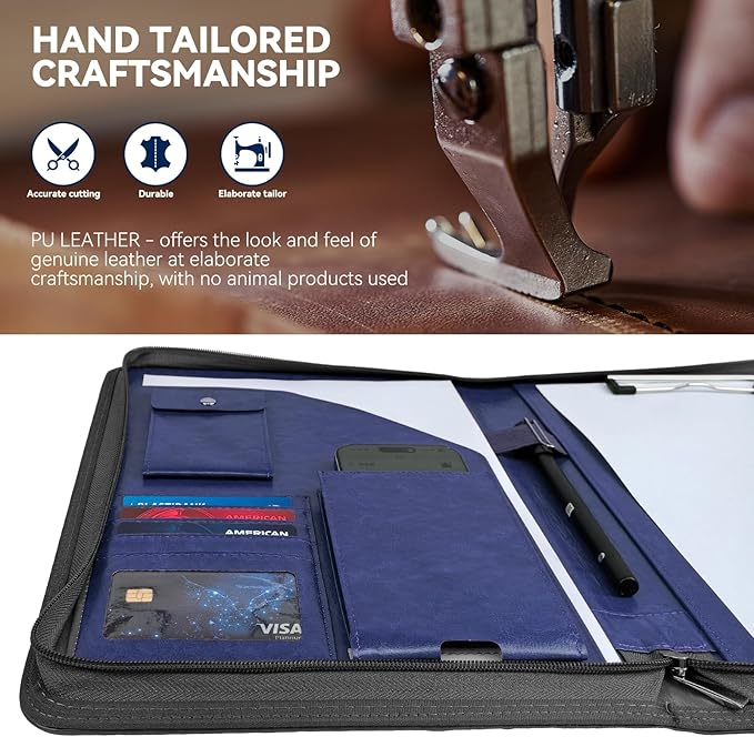 Zippered Padfolio Organizer, WRIYES Leather Planner Binder, 10.2 Inch Portfolio Folder for Documents, Letter Size Business Card Holder for Men&Women (Blue)