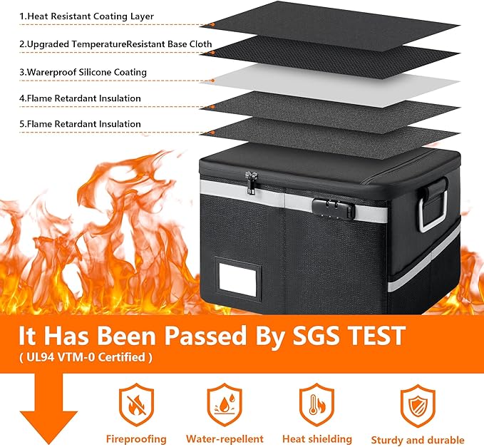 2000°F Fireproof & Waterproof Document Box with Lock, Collapsible Portable Organizer for Office Files, Safe Storage for Hanging Letter/Legal Folders (Orange, 14.2x110.6x4.1in)