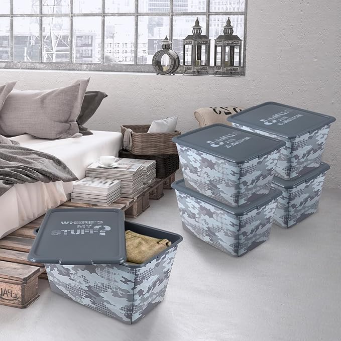 4 Packs 58 QT Plastic Storage Bins with Grey Camoflauge Print Lids, Stackable Storage Container, Large Storage Box for Organizing Garage, Closet, Kitchen, Made in the USA