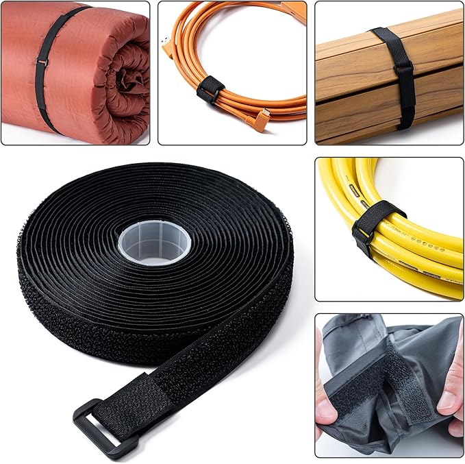 0.8" x16Ft Hook and Loop Straps with 25 Plastic Buckles, Adjustable Fastening Cable Straps, Free Cut Length, Reusable Nylon Cable Ties for Organizer or Storage, Black