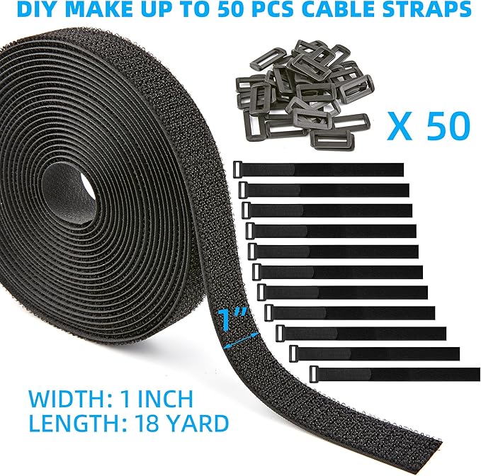 1" x 18Yard Reusable Cable Straps with 50 Plastic Buckles - Adjustable Cut-to-Length Nylon Hook and Loop roll for Organizing and Storage