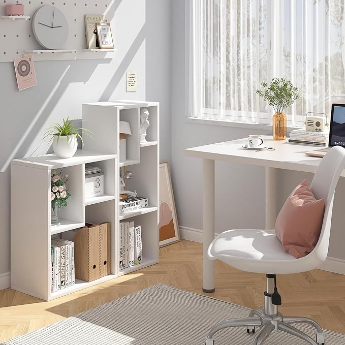 VECELO 3-Tier Small Bookcase, 4 Cube Bookshelf with Height Difference Shelves for Most Books, Modern Floor Standing Unit, Each Shelf Hold Up to 66 LBS for Living Room Bedroom, Pearl White