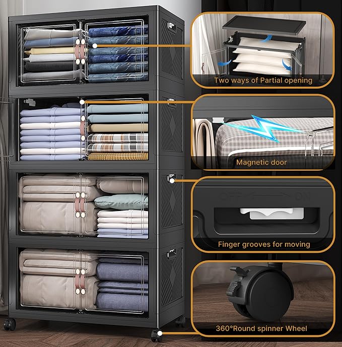 480Qt Stackable Storage Bins with Lids, 4 Pack Large Collapsible Bins with Wheels, Plastic Cabinet with Doors, Foldable Closet Organizers and Storage for Home, Dorm, Office, Black