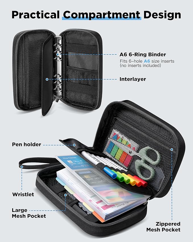 Zannaki A6 Zipper Binder, 6 Ring Personal Planner Journal Budget Binder Cover Case, Refillable Notebook Shell for Cash Envelope Loose Leaf Filler Paper Organizer Portable School Office Supplies, Black