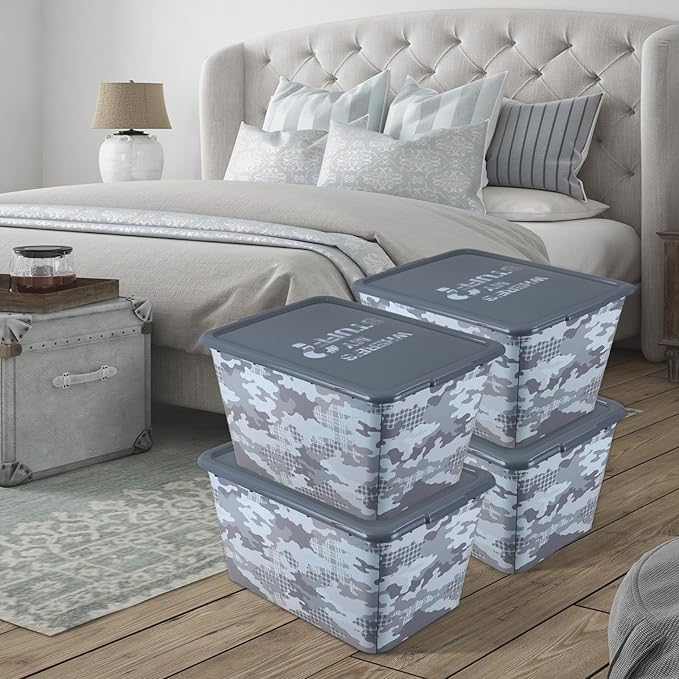 4 Packs 58 QT Plastic Storage Bins with Grey Camoflauge Print Lids, Stackable Storage Container, Large Storage Box for Organizing Garage, Closet, Kitchen, Made in the USA