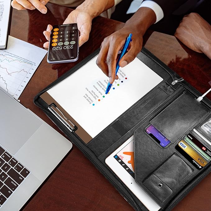 Zippered Padfolio Organizer, WRIYES Leather Planner Binder, 10.2 Inch Portfolio Folder for Documents, Letter Size Business Card Holder for Men&Women (Black)