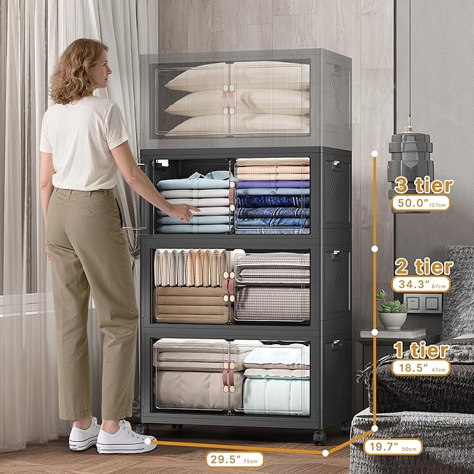 480Qt Stackable Storage Bins with Lids, 3 Pack Large Collapsible Bins with Wheels, Plastic Cabinet with Doors, Foldable Closet Organizers and Storage for Home, Dorm, Office, Black