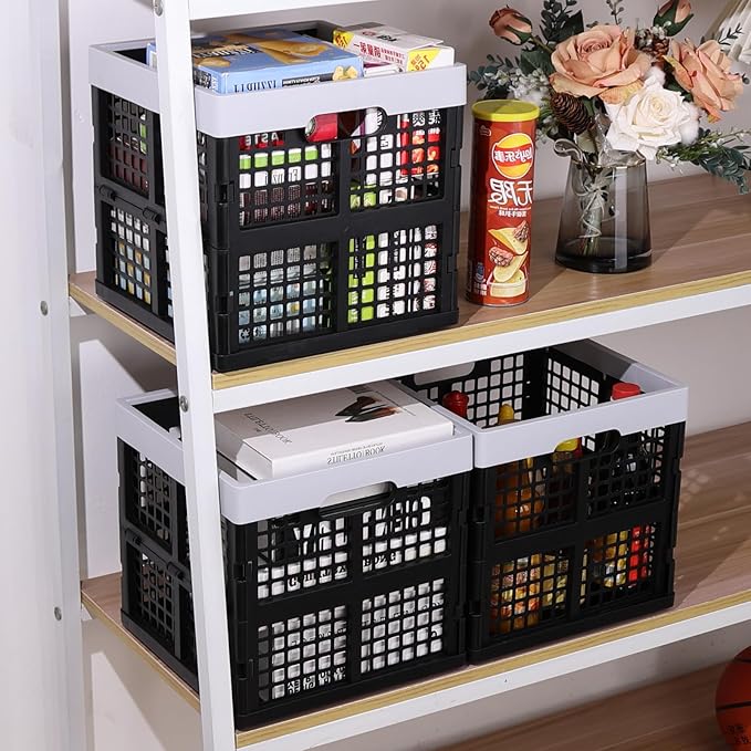 Xyskin 18 Litre Plastic Folding Utility Crates, Set of 3 Stackable Storage Milk Crates, Black