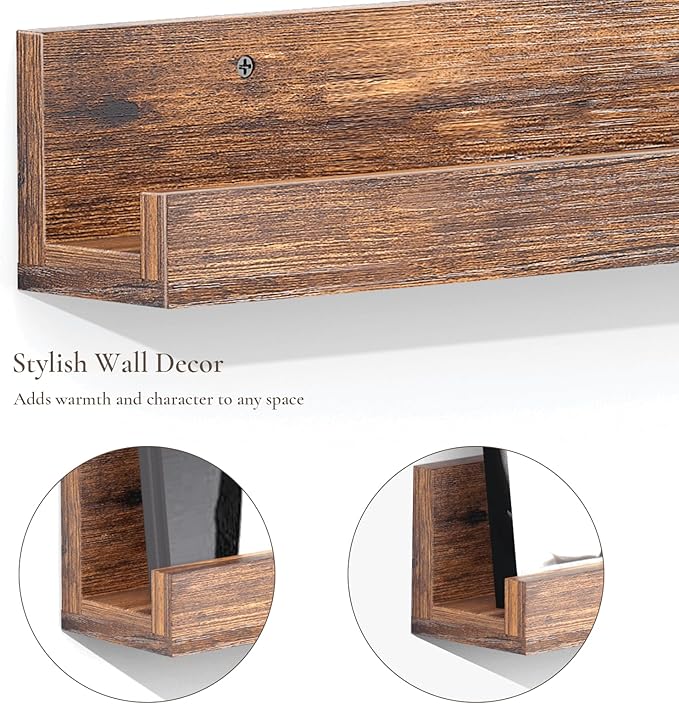 Vinyl Record Shelf Wall Mount, 12 inch Wooden Album Record Holder Display, Pack of 6 Floating Shelves for Wall, Magazine Rack, Kids Bookshelf for Bedroom, Living Room, Rustic Brown