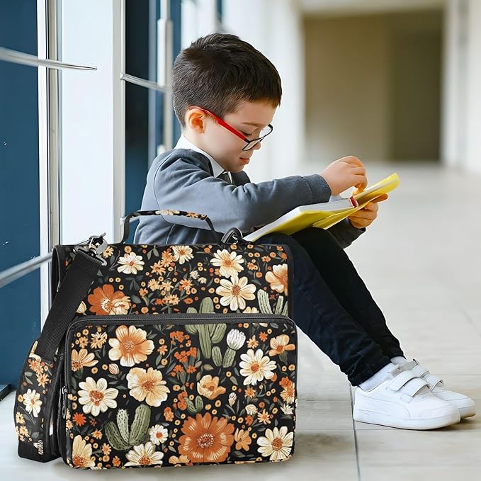 Western Desert Boho Floral Zipper Binder with Shoulder Strap Bag 3 Ring Binder Organizer Large Capacity Multiple Compartments for School Office