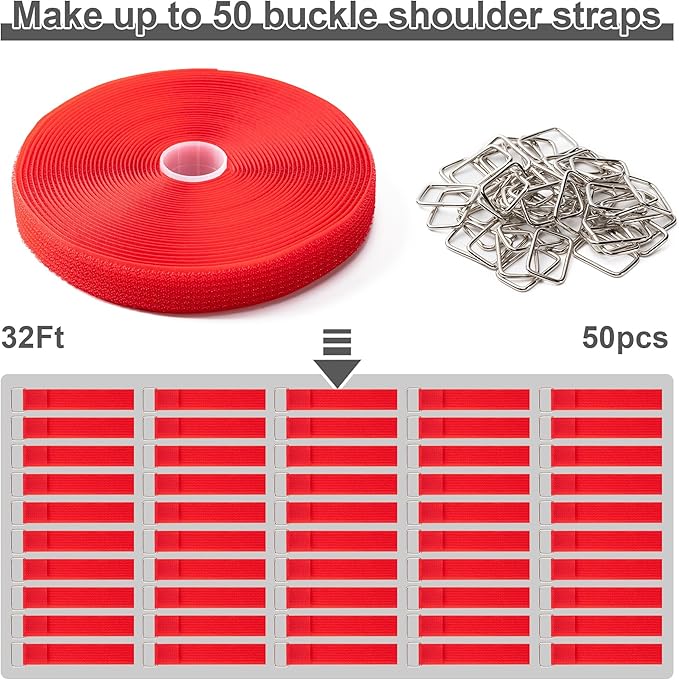 1" x32Ft Hook and Loop Straps with 50 Metal Buckles, Adjustable Fastening Cable Straps, Free Cut Length, Reusable Nylon Cable Ties for Organizer or Storage, Red