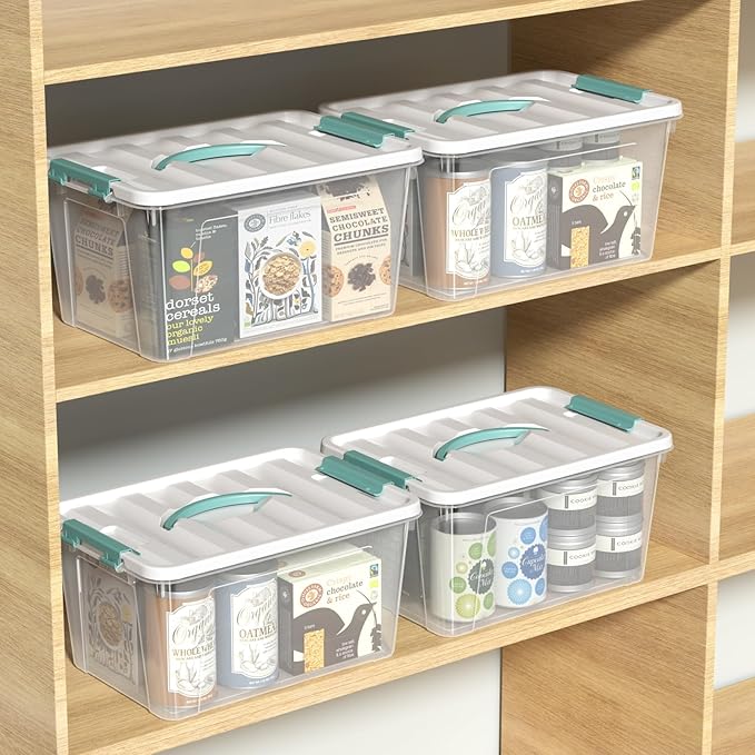 14 Quart Stackable Storage Bin with Latching Lid, Plastic Container Box to Organize Office, Crafts, Clear Base and White Lid, 8-Pack