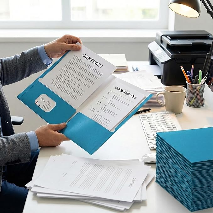 Zzrywuty File Folders with Pockets Letter Size, 25-Pack Paper Folders with Card Slot, Two Pocket Folders for School Students, Businessmen, Home and Office Workers（Light Blue）