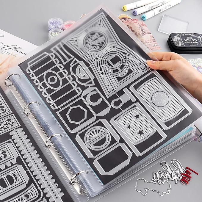 10 Pack A4 Size Plastic Binder Pockets,4 Holes Waterproof PVC Folders Loose Leaf Bag forBudgeting Loose Leaf Bags Planner Insert Pouches Photo,Document, Stamp & Die Storage Bills Organizer(4 Grid)