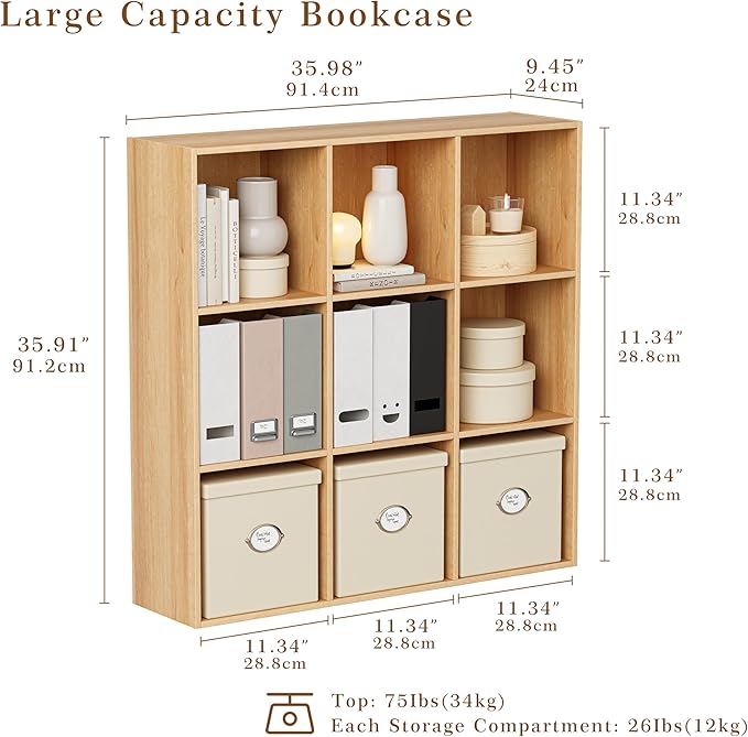 Wooden Storage Organizer with Closed Back Panel, 11in Cube Shelf Opening, Bookshelf, Display Shelf,Closet Cabinet for Home and Office (Natural Oak, 9-Cube 35.98L*9.45W*35.91H)