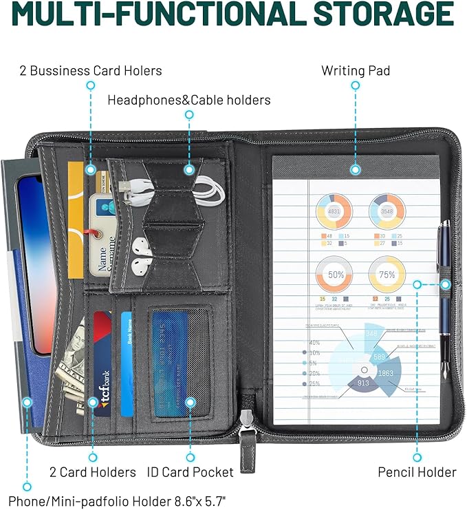 Zippered Portfolio Binder for Men & Women, Resume Portfolio Folder with 5.3" x 8 "Notepad, 9.6" x 7" Faux Leather Portfolio for Resume, Documents, Phone, Business Supplies and Cards (Black)